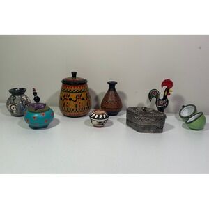 Lot of 8 - Shelf Trinkets - Box Vases & Jars - Mexican Native American Lime Mid‎